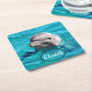 Dolphin in Blue Water Photo Square Paper Coaster