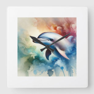 Dolphin in Serene Waters 170724AREF152 - Watercolo Square Wall Clock