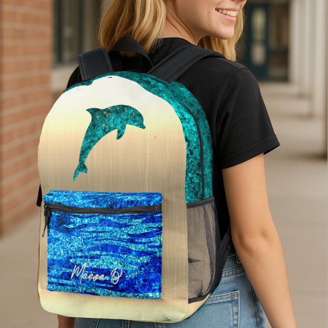 Dolphin in the sea, sparkling personalised printed backpack (In situ - AI generated picture)