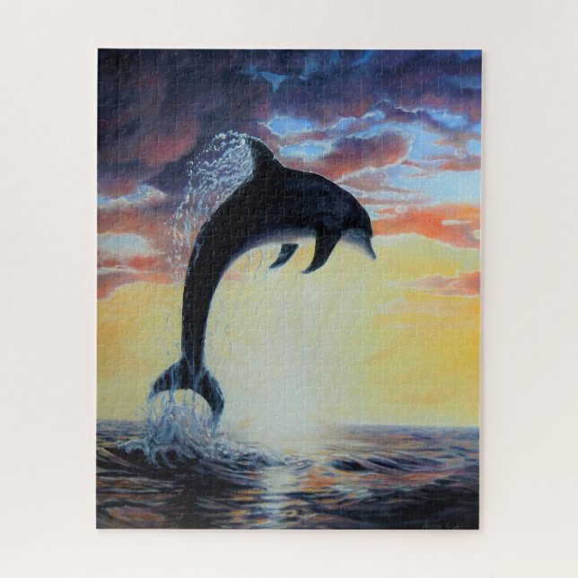 Dolphin jumping out of sea at sunset/sunrise jigsaw puzzle (Vertical)