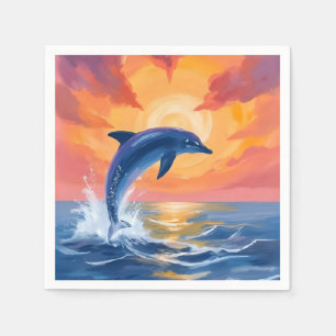 Dolphin Leap Sunset Watercolor Ocean Painted Napkin