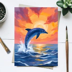 Dolphin Leap Sunset Watercolor Ocean Painted Postcard