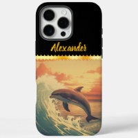 Dolphin leaps among colourful ocean waves