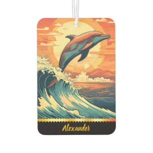 Dolphin leaps over sunset waves car air freshener