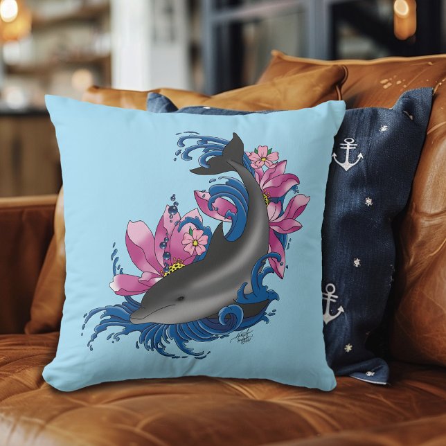 Dolphin Lotus Flowers Cherry Blossoms Cushion (Creator Uploaded)