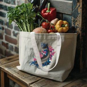 Dolphin Lotus Flowers Cherry Blossoms Large Tote Bag