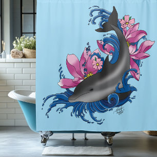 Dolphin Lotus Flowers Cherry Blossoms Shower Curtain