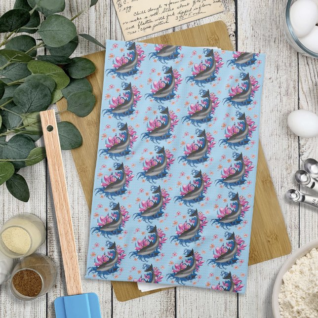 Dolphin Lotus Flowers Cherry Blossoms Tea Towel (Creator Uploaded)