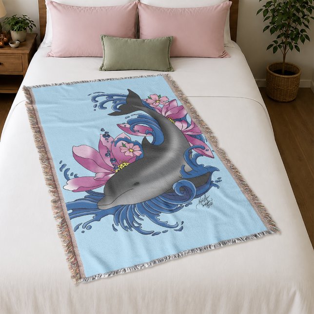 Dolphin Lotus Flowers Cherry Blossoms Throw Blanket (Creator Uploaded)