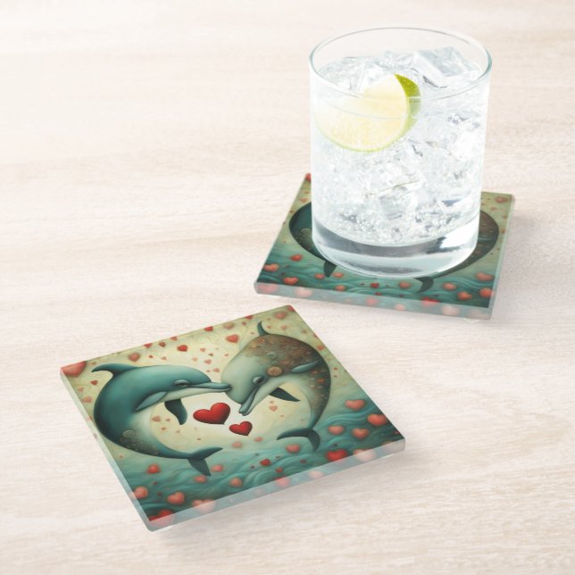 Dolphin Love 2 Glass Coaster (Angled)