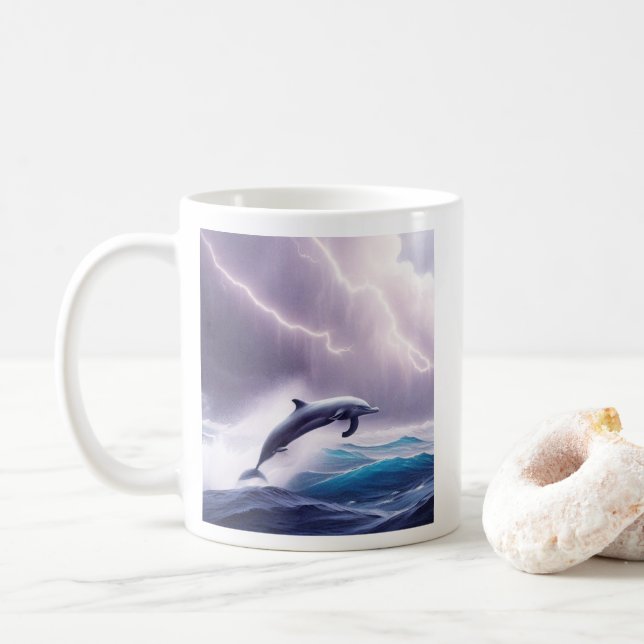 Dolphin Magic in a Stormy Sea: A Captivating Scene Coffee Mug (With Donut)