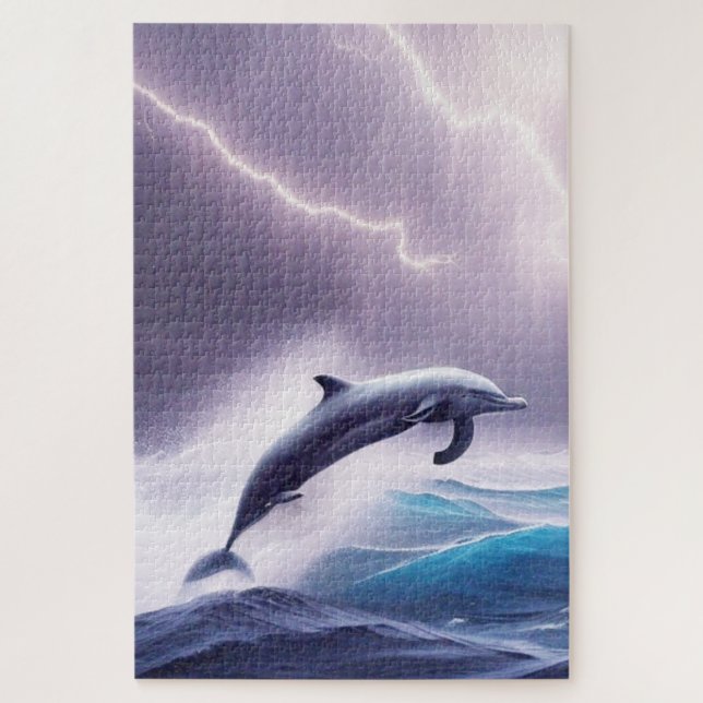Dolphin Magic in a Stormy Sea: A Captivating Scene Jigsaw Puzzle (Vertical)