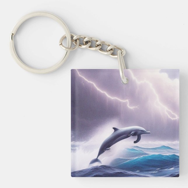 Dolphin Magic in a Stormy Sea: A Captivating Scene Key Ring (Front)