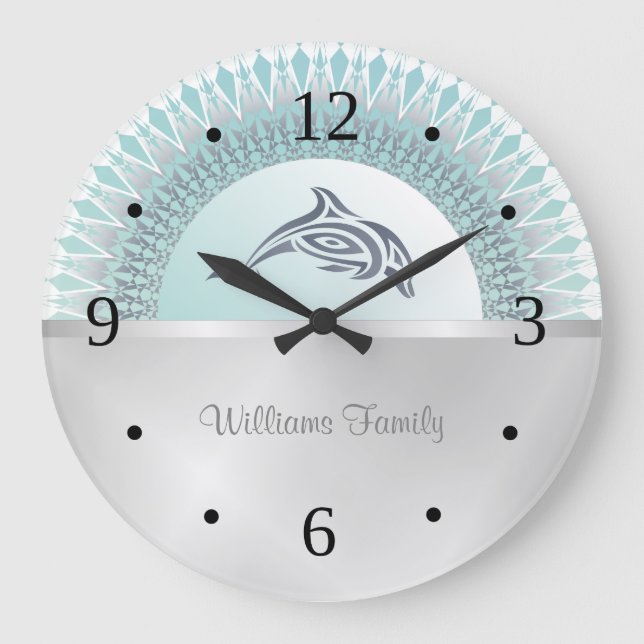 Dolphin Mandala Silver Coastal Family Name Large Clock (Front)