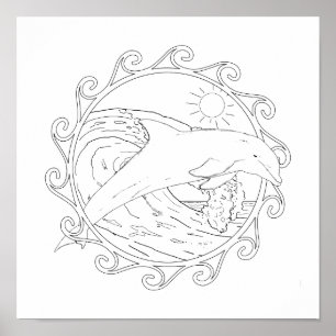 Dolphin Maori Sun Adult Colouring Poster