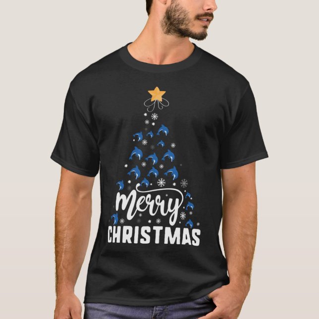 Dolphin Merry Christmas Tree Family Xmas Holidays T-Shirt (Front)