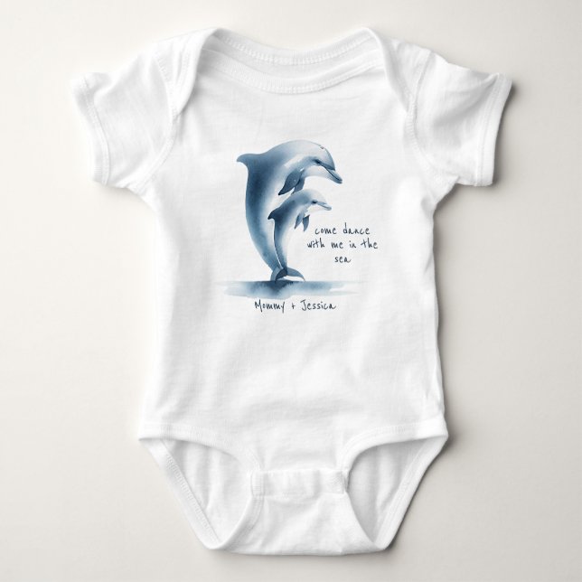 Dolphin Mother Baby Blue Watercolor Personalised Baby Bodysuit (Front)