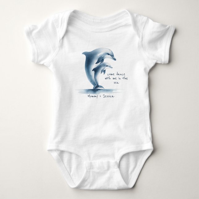 Dolphin Mother Baby Blue Watercolor Personalised Bodysuit (Front)