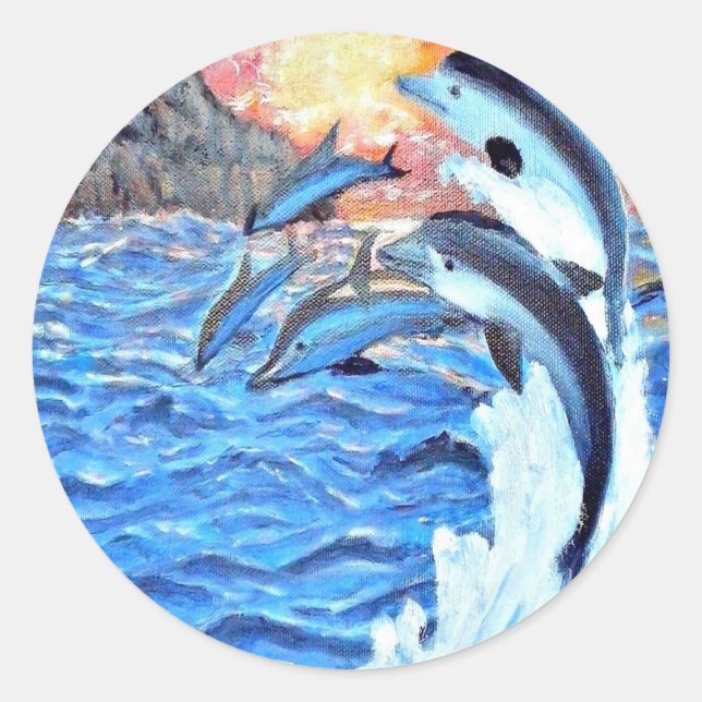 Dolphin Porpoise ocean scenes art Classic Round Sticker (Front)
