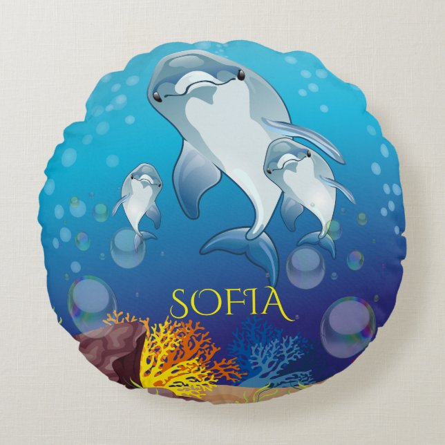 Dolphin round throw pillow for kids personalised. (Front)