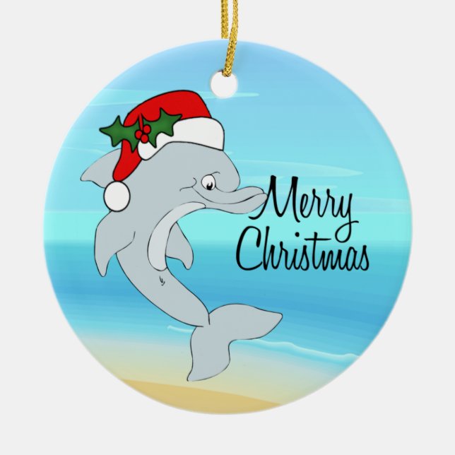 Dolphin Santa Tropical Christmas Ornament (Front)