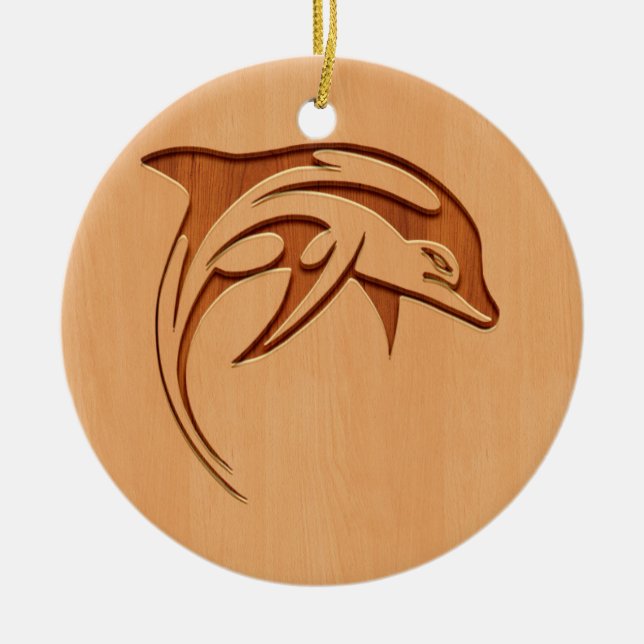 Dolphin silhouette engraved on wood design ceramic tree decoration (Front)