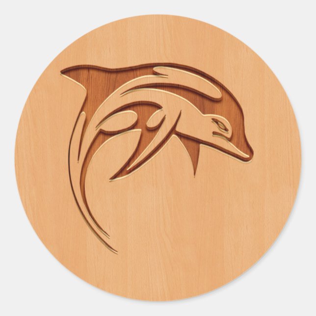 Dolphin silhouette engraved on wood design classic round sticker (Front)