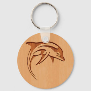 Dolphin silhouette engraved on wood design key ring