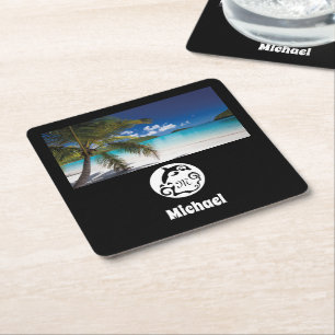 Dolphin Silhouette Monogram Name Tag Photo Square Paper Coaster