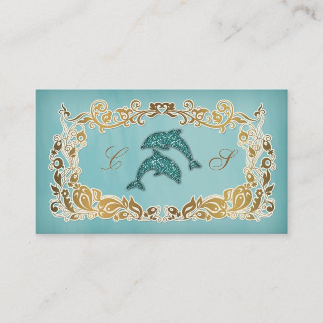 Dolphin Spa Business Card Floral Blue Gold Glitter (Front)