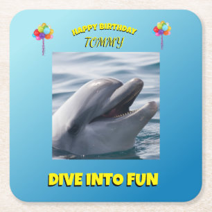 Dolphin Splash Birthday Square Paper Coaster