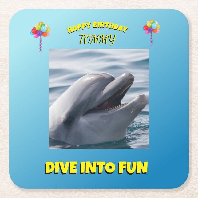 Dolphin Splash Birthday Square Paper Coaster (Front)