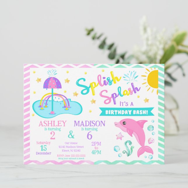 Dolphin & Splash Pad Joint Birthday | Water Park Invitation (Standing Front)