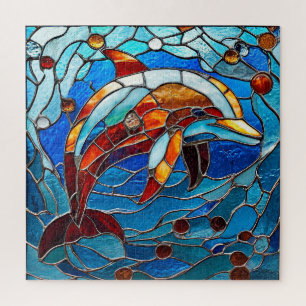 Dolphin stained Glass For Ocean Lover Jigsaw Puzzle