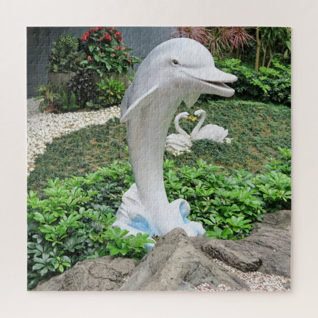Dolphin, statue, park, plants, flowers, nature, jigsaw puzzle (Vertical)