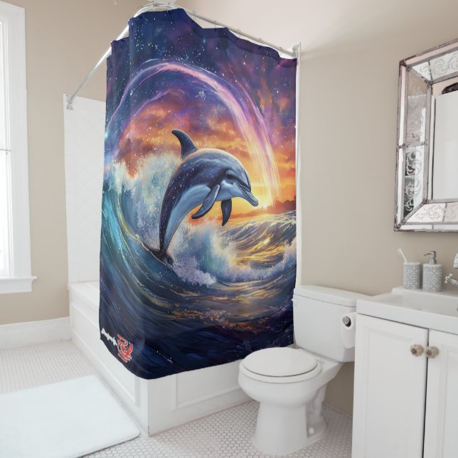 Dolphin Surfs Galaxy Design by Rich AMeN Gill Shower Curtain (In Situ)