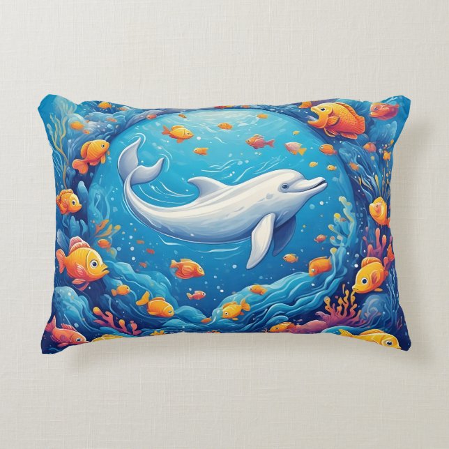  Dolphin Surrounded by Vibrant Tropical Fish Decorative Cushion (Front)