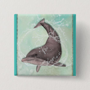 Dolphin Swimming Around in Cool Green Water 15 Cm Square Badge
