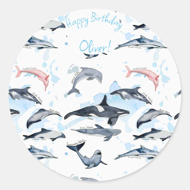 Dolphin theme party kids watercolor drawing  classic round sticker (Front)