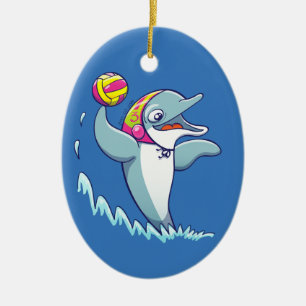 Dolphin throwing the ball while playing water polo ceramic tree decoration