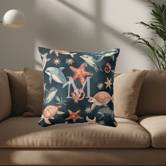 Dolphin Turtle Marine Life Coastal Nursery Decor  Cushion
