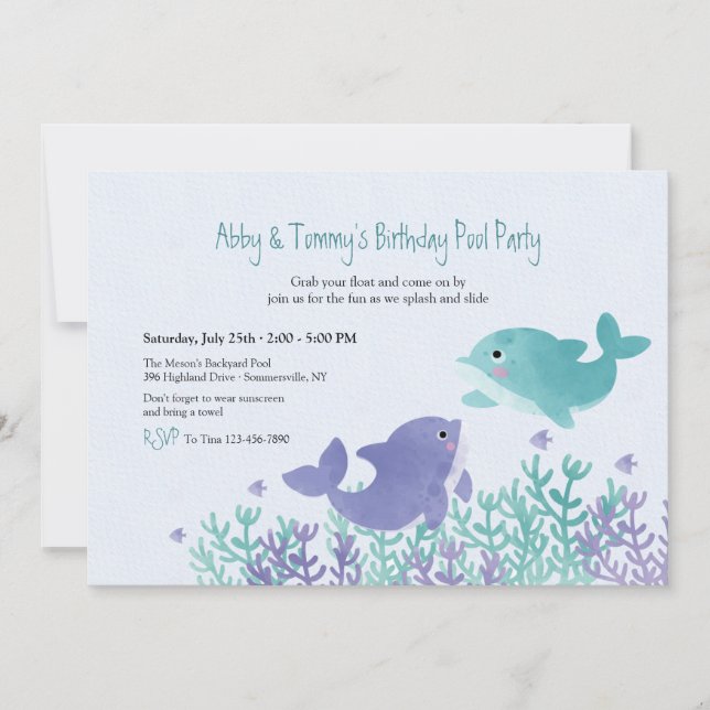 Dolphin Twins Birthday Party Invitation (Front)