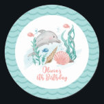 Dolphin Under the Sea Birthday Classic Round Sticker<br><div class="desc">Dolphin and sea life Under the sea Birthday with watercolor dolphin,  seashells and fish.</div>