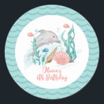Dolphin Under the Sea Birthday Classic Round Sticker<br><div class="desc">Dolphin and sea life Under the sea Birthday with watercolor dolphin,  seashells and fish.</div>