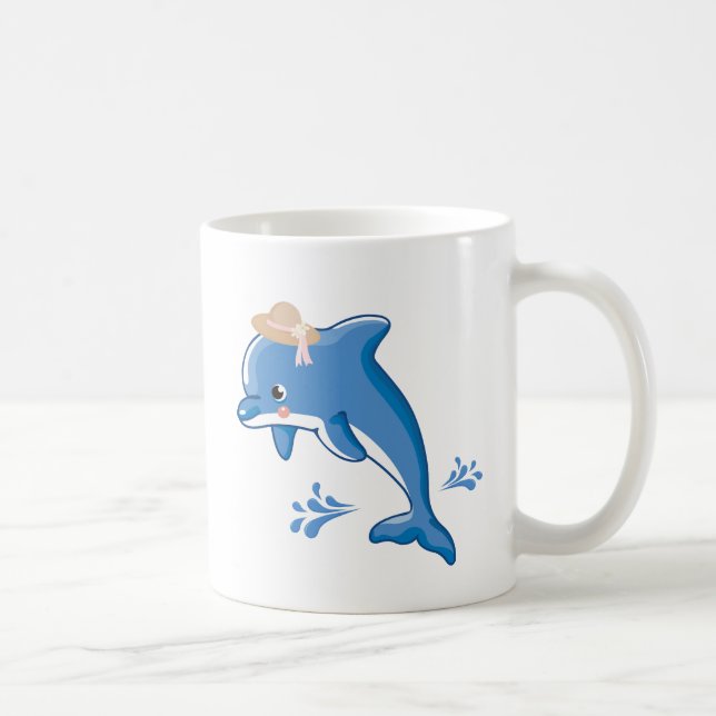 Dolphin wearing a straw hat with stylised water sp coffee mug (Right)