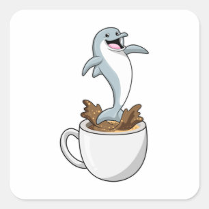 Dolphin with Cup of Coffee Square Sticker