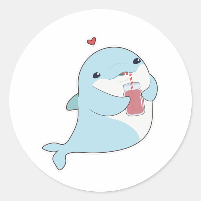 Dolphin with Drink & Heart Classic Round Sticker (Front)
