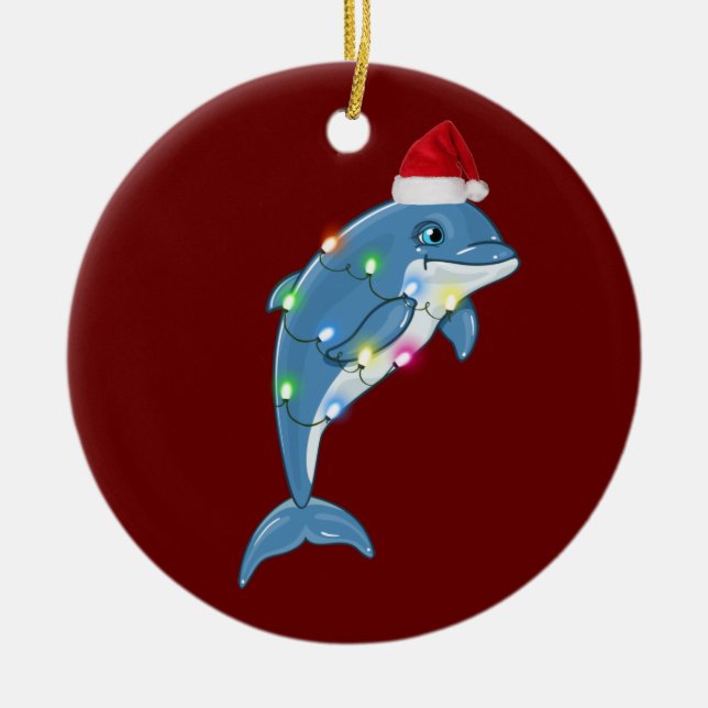 Dolphin With Hat Lights Christmas Ceramic Tree Decoration (Front)