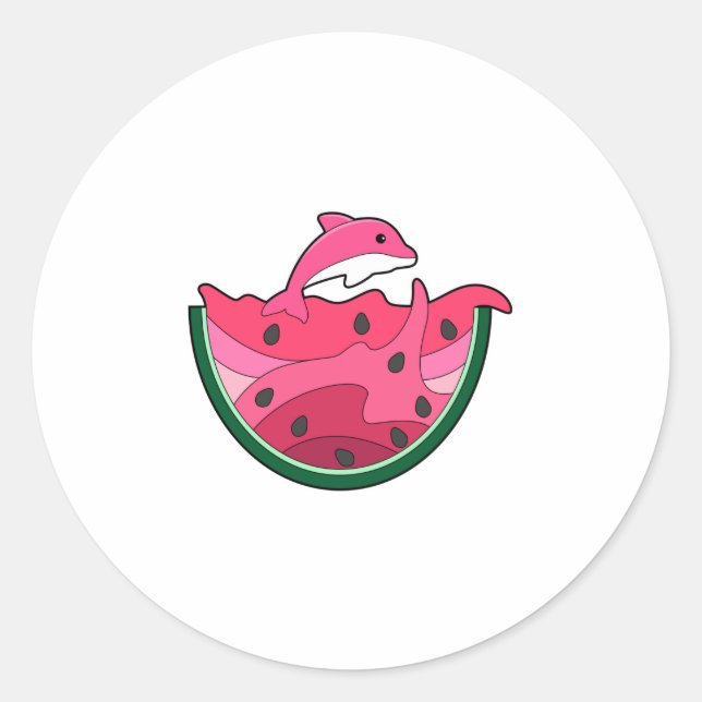 Dolphin with Watermelon Classic Round Sticker (Front)