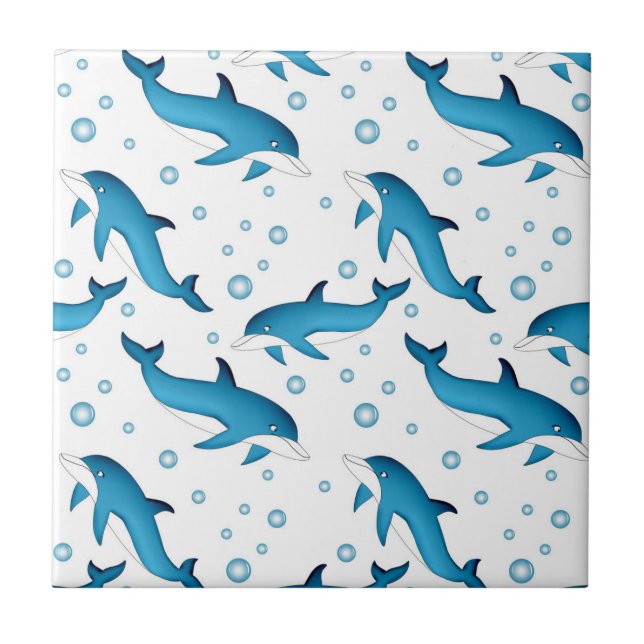 Dolphins and bubbles on white. Ceramic Tile (Front)